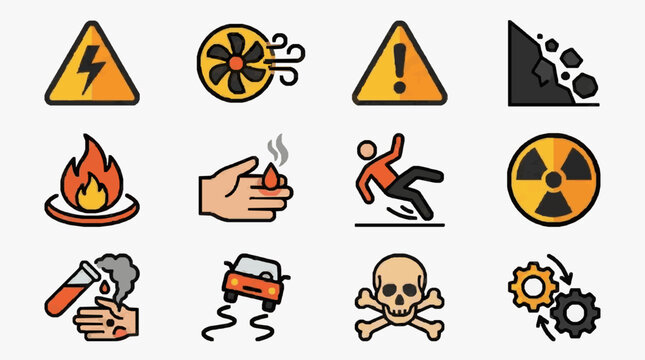 Modern Warning and Hazard Icons Set Vibrant Illustrations of Electrical Fire Chemical and Mechanical Dangers