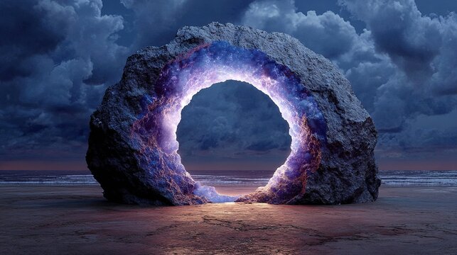 Portal to the Unknown: A mystical, glowing rock archway stands on a serene beach, its ethereal light beckoning towards an unseen dimension under a dramatic twilight sky.