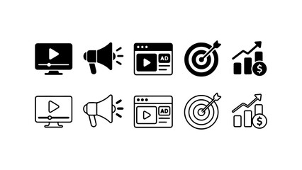 Obraz premium Digital Marketing Icon Set in Solid Silhouette and Outline Vector Style