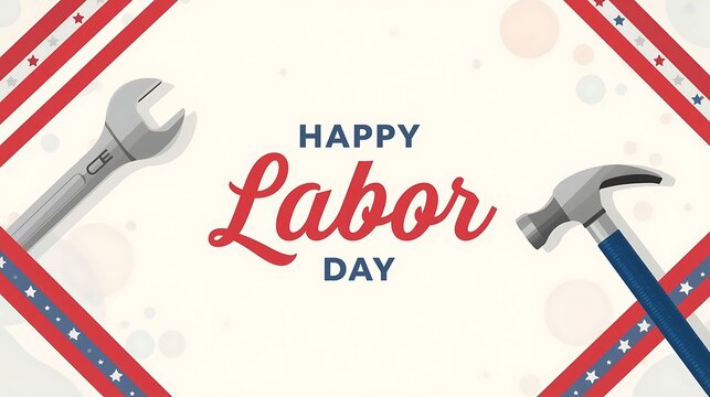 Happy Labor Day vector banner background with wrench, hammer, and patriotic American flag ribbon borders for holiday celebration and promotion design