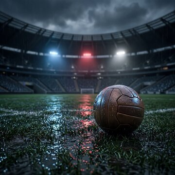 Wet soccer ball on illuminated stadium field at night