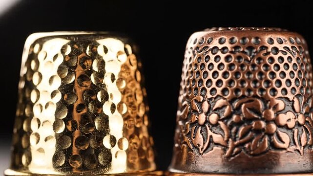 Two antique gold and copper thimbles on a reflective dark surface