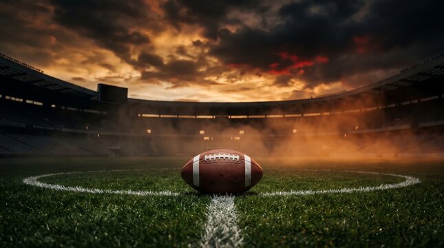 American football on field at sunset with dramatic sky