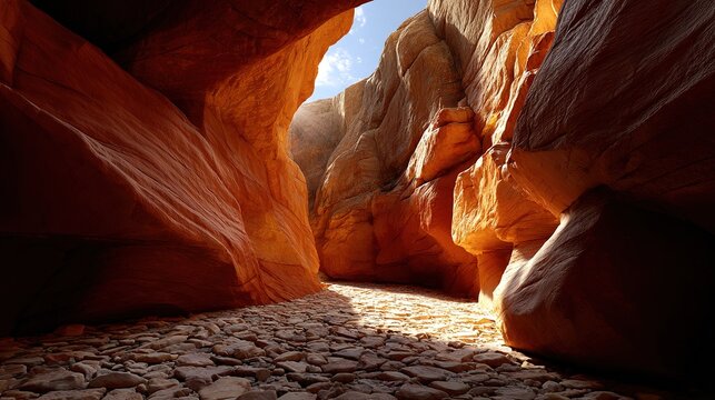 Sunlit Canyon Passage: A narrow canyon with towering, sun-drenched sandstone walls and a rocky, dry path illuminated by a bright sky above.