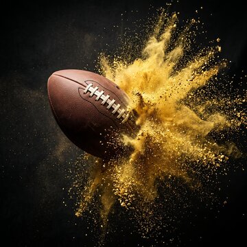 American football exploding with golden dust on black