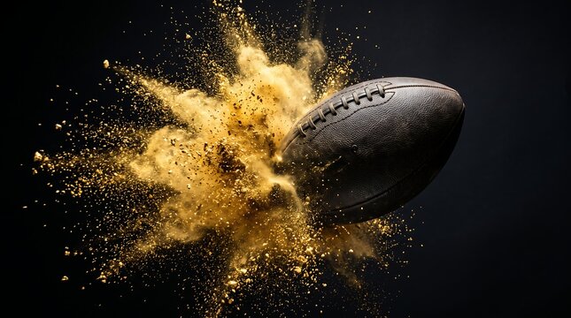 Exploding American football with dust on black background