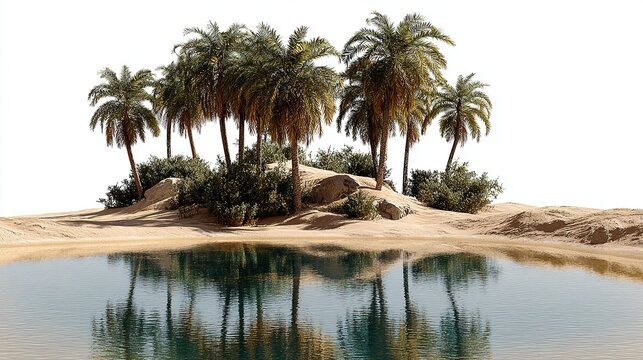 Desert Oasis Calm: A serene desert oasis, with lush palm trees and clear water reflecting the sky, offers a tranquil escape from the arid landscape, evoking a sense of peace and natural beauty.