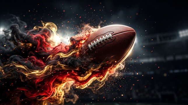 Fiery American football in dynamic motion with flames