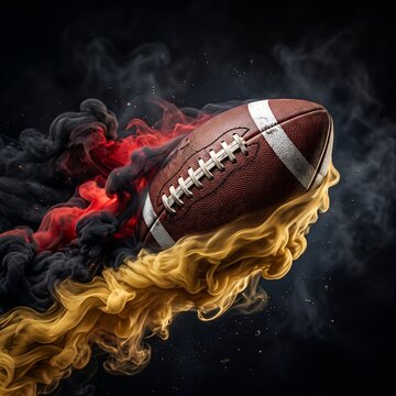 Fiery American football with dynamic smoke and flames