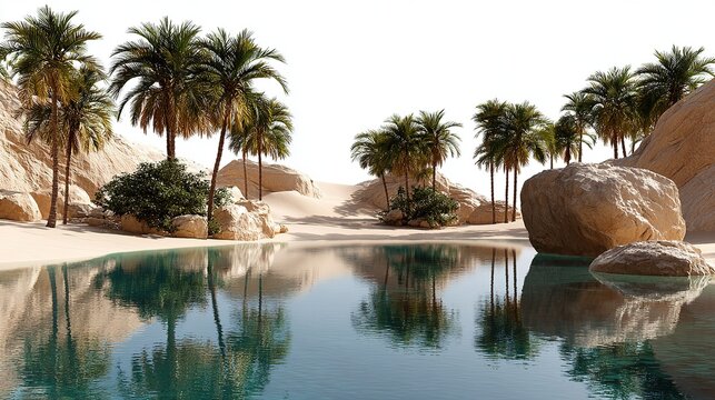 Desert Oasis Paradise: A serene desert oasis featuring a tranquil blue pool reflecting palm trees and rocky formations under a bright sky.