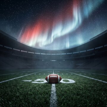 American football field under aurora borealis at night