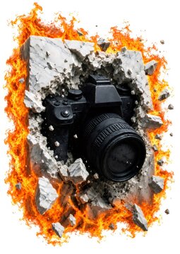 Camera breaking through stone wall with fire explosion