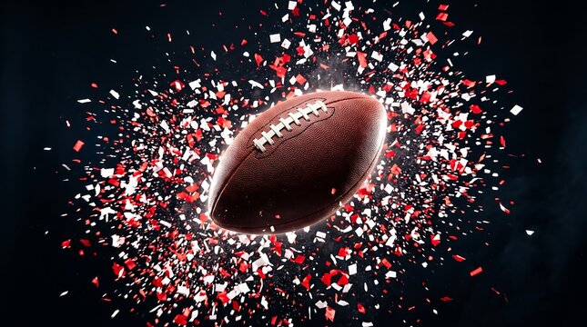 Exploding football with vibrant red and white particles