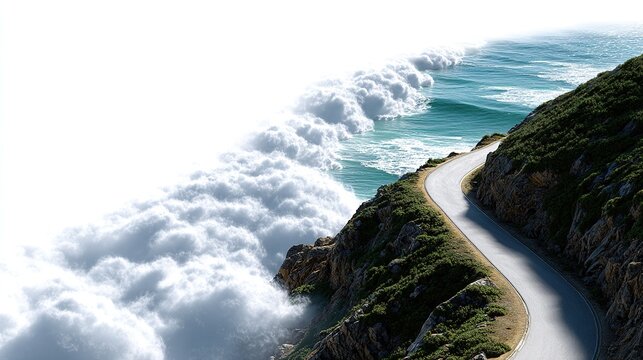 Coastal Road Winds Above the Clouds: A scenic coastal road carves its way along a lush green cliffside.
