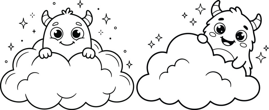 Cartoon Monsters Peeking From Clouds Black And White Vector Illustration