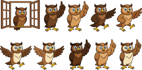 Fototapeta premium Cute cartoon owl character set showing different poses waving flying pointing and sitting in window