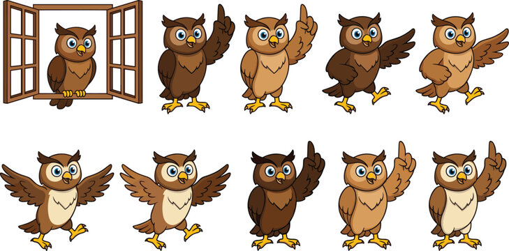 Cute cartoon owl character set showing different poses waving flying pointing and sitting in window
