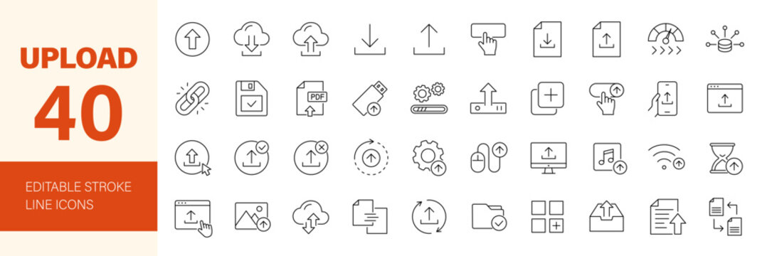 Upload icon set. Editable line icons. Vector illustration.