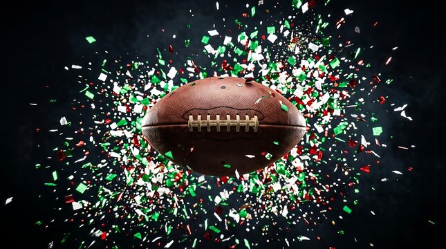 American football exploding with colorful confetti celebration