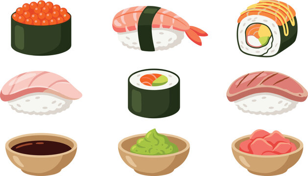 Japanese sushi and sashimi vector set featuring roll maki nigiri shrimp salmon caviar wasabi and soy sauce