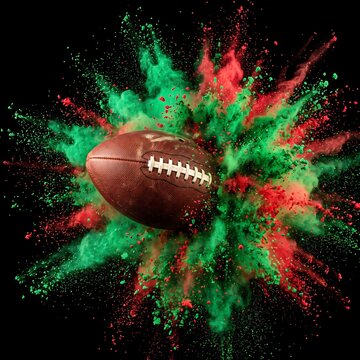 American football exploding with vibrant green and red powder