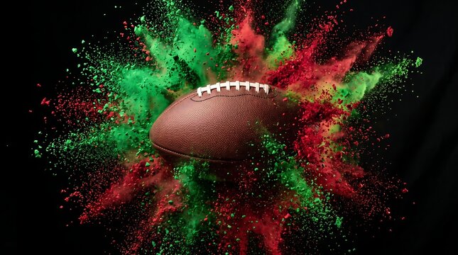 Explosive red and green powder burst around football