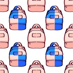 Seamless pattern with split pink and blue school backpacks on a white background. Suitable for back to school theme, bag collection, textile, stationery cover, and student accessories design. © Amanda