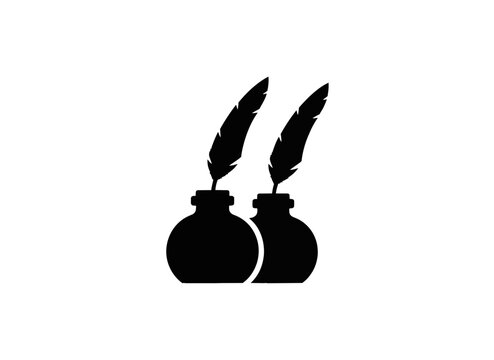 Two glass inkwells with feather quills. Black and white vector icon