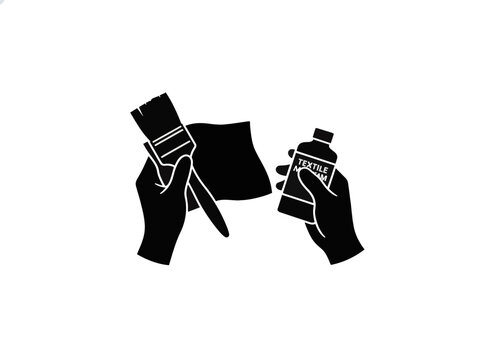Hands applying paint to fabric with a brush. Flat vector illustration