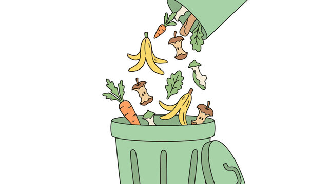Green Compost Bin Overflowing with Organic Food Scraps, Banana Peels, Apple Cores, and Carrot Tops, Flat Illustration Style, Waste Reduction Concept