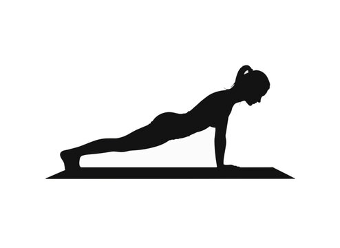 Silhouette of a woman performing a push-up on a yoga mat. Flat vector illustration