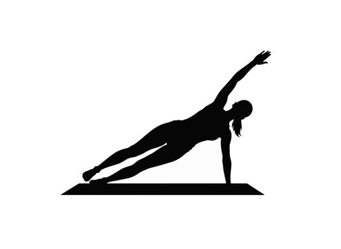 Silhouette of a woman performing a side plank on a yoga mat. Flat vector illustration
