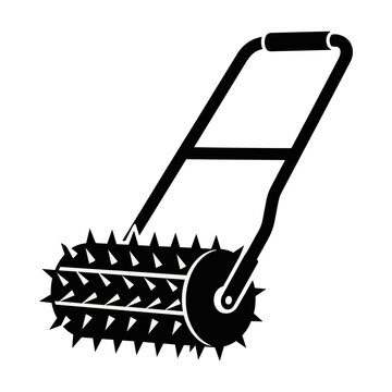 A stark graphic of a manual lawn aerator with a spiked roller and handle, flat vector style, isolated on white, business landscaping concept
