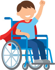 Happy boy in a wheelchair wearing a superhero cape