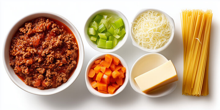 Ingredients for Italian Bolognese Meat Sauce Top View