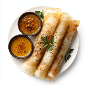 Indian Dosa Crepes with Chutney Dishes Top View Isolated