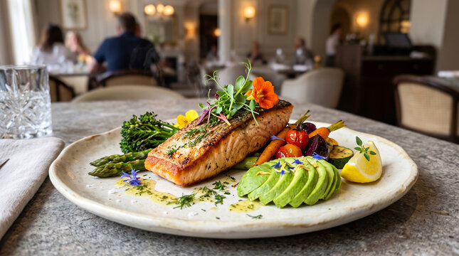 Luxury healthy gourmet salmon dish with fresh vegetables, avocado and elegant fine dining presentation
