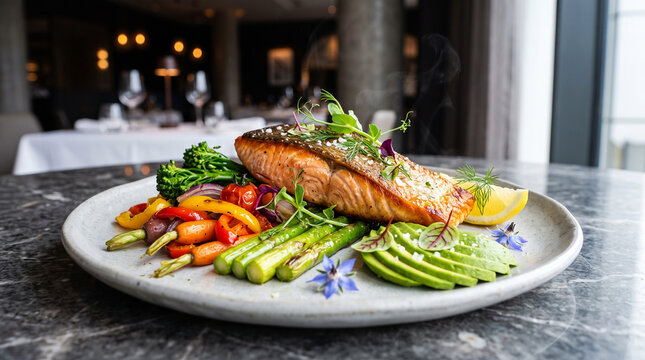Luxury healthy gourmet salmon dish with fresh vegetables, avocado and elegant fine dining presentation