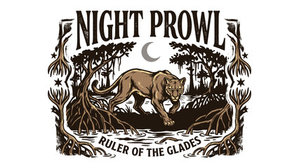 Vintage cougar panther night prowl ruler of the glades swamp mangrove forest illustration for t-shirt design print and apparel © Rizalivn