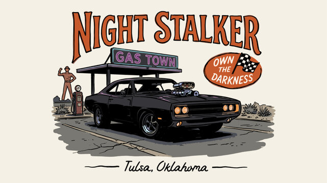 Retro night stalker muscle car at neon gas station vintage illustration with classic car typography for t-shirt design print and streetwear apparel merch