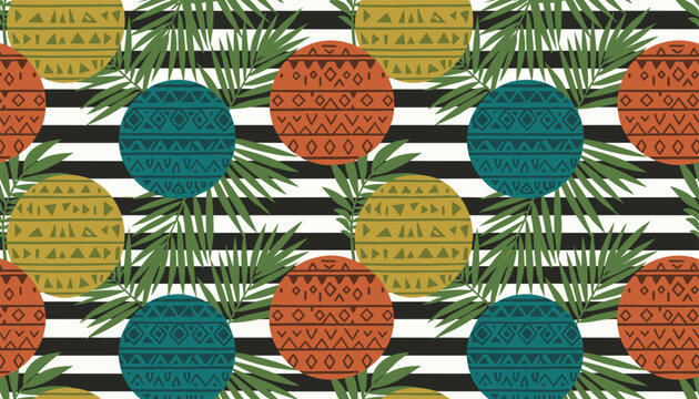 Bohemian seamless pattern featuring colorful tribal circles and green palm leaves over black and white horizontal stripes.