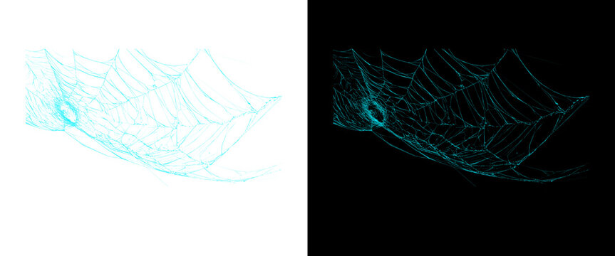 Glowing neon spider web on black and white backgrounds, ethereal blue cobweb design elements, mystical spiderweb graphic for Halloween or fantasy themes