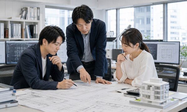 建築設計図を確認しながら打ち合わせを行う建築士チームのプロジェクト会議