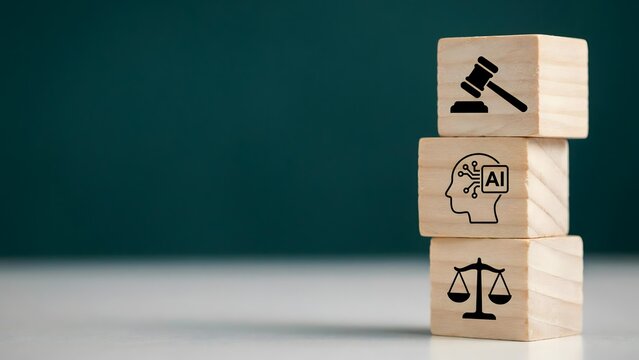 Wooden blocks with icons of a gavel, an ai brain, and scales of justice, representing the intersection of artificial intelligence and law, legal technology, and ai ethics
