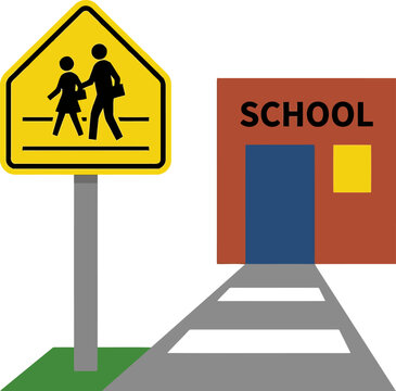 School zone sign with crosswalk and school building illustration