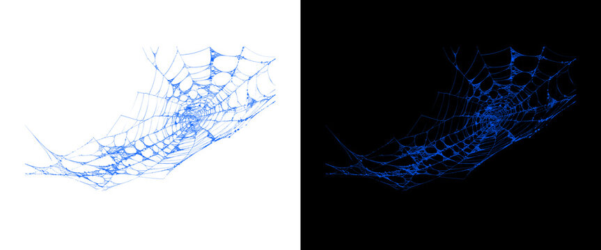 Blue spider web design on white and black background, intricate cobweb pattern for Halloween decor, glowing neon spiderweb graphic for spooky themes