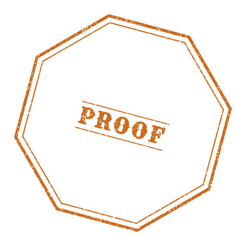 Vintage proof rubber stamp in orange ink, octagonal frame with distressed texture, official document verification seal on white background