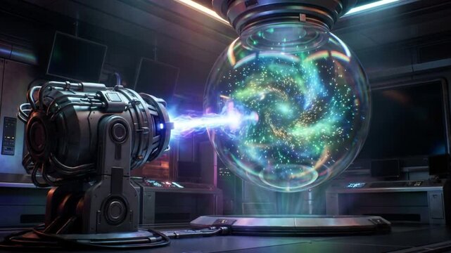 SF宇宙船ラボの真空チャンバー内でエイリアン胞子がスキャン照射により発光し渦巻く3DCG映像