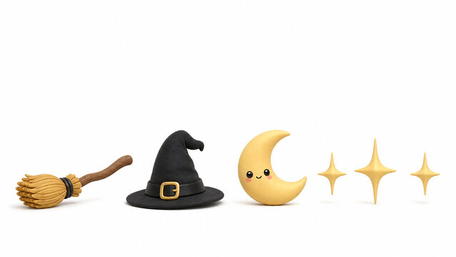 A broom, a pointed soft felt hat, a crescent moon and three sparkle shapes spaced evenly in a horizontal line on pure white. Generative AI.