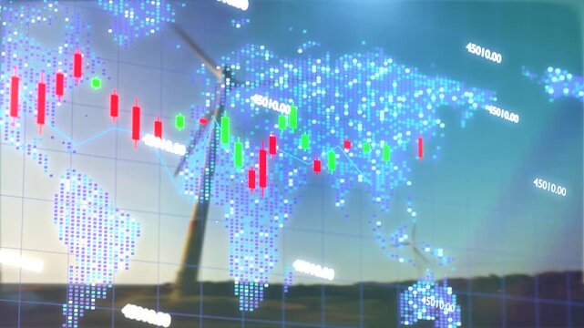 A financial stock market candlestick chart and digital world map overlaid on wind turbines spinning at sunset in Yuanli, Miaoli, Taiwan.